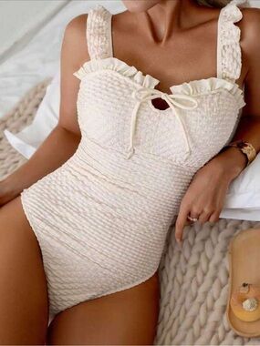 Ruffled Shirred One-Piece Swimsuit in Cream